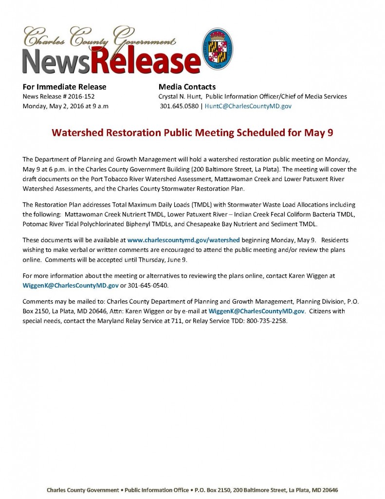 Watershed Restoration Public Meeting Scheduled for May 9